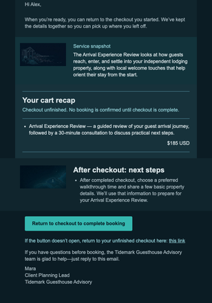 Finish Your Arrival Review Booking email design preview