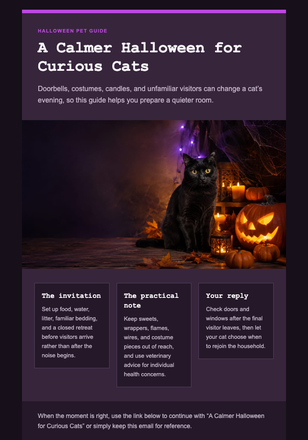 A Calmer Halloween for Curious Cats email design preview