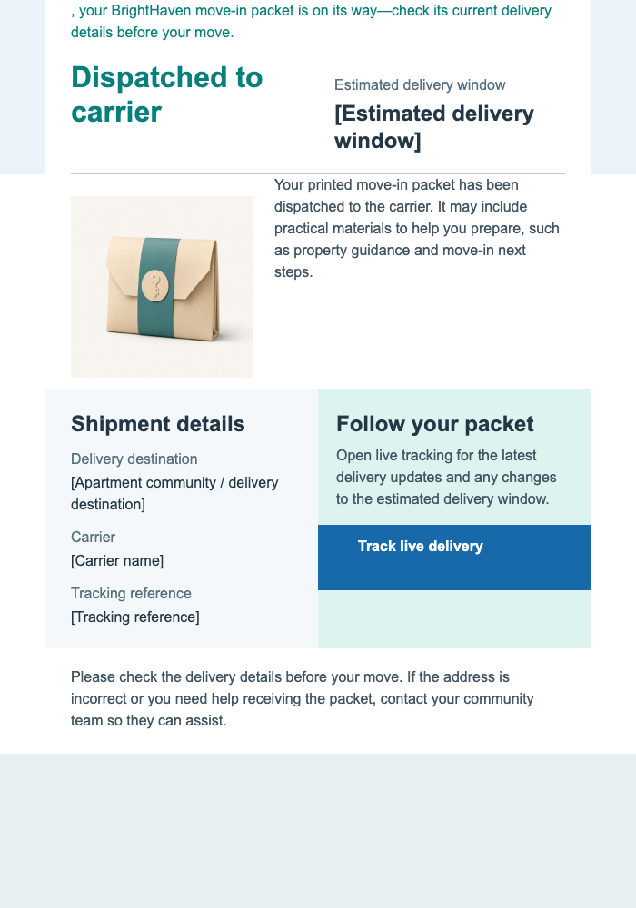 Move-In Packet Tracking Update email design preview