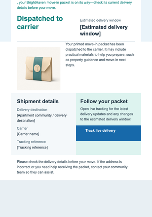 Move-In Packet Tracking Update email design preview