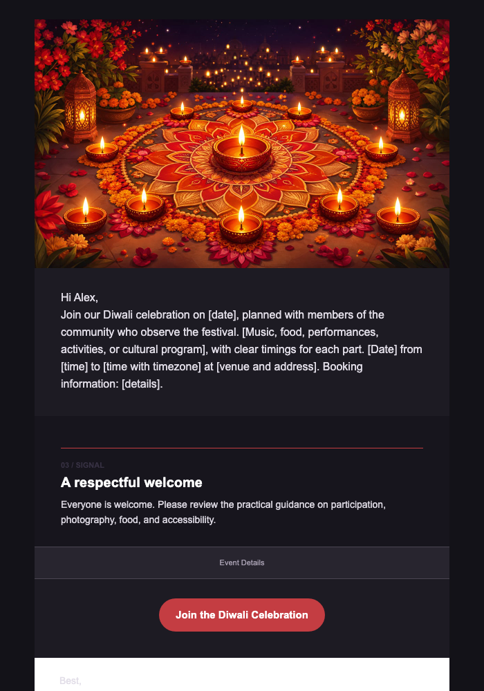 Celebrate Diwali with Us — Community Invitation email design preview