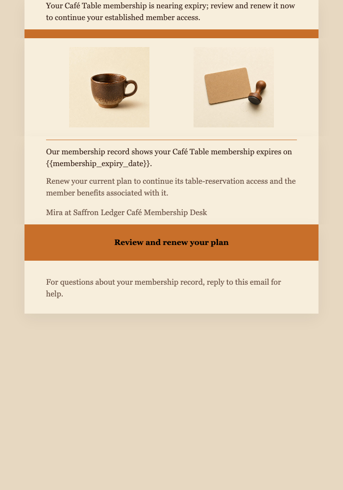 Café Table Renewal Notice email design preview