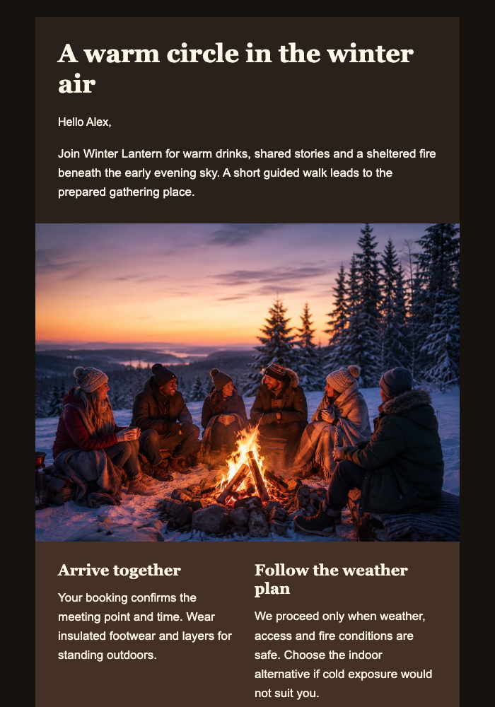 A Fireside Gathering in the Snow email design preview