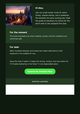 A Fireside Gathering in the Snow email design preview