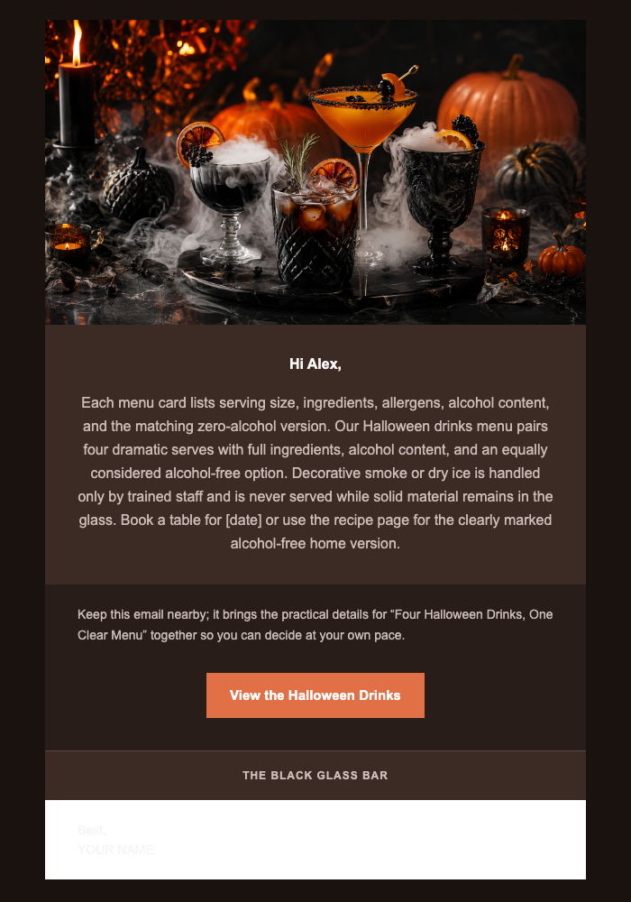 Four Halloween Drinks, One Clear Menu email design preview