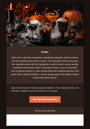 Four Halloween Drinks, One Clear Menu email design preview