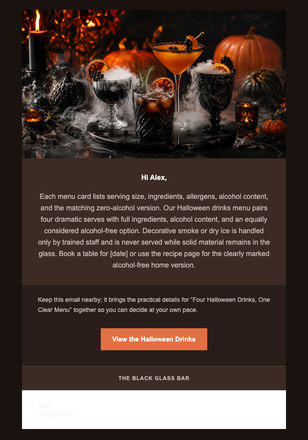 Four Halloween Drinks, One Clear Menu email design preview
