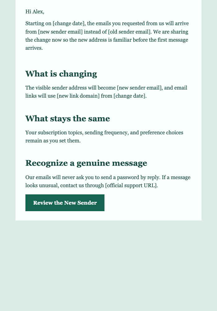Sender Domain Change Notice email design preview