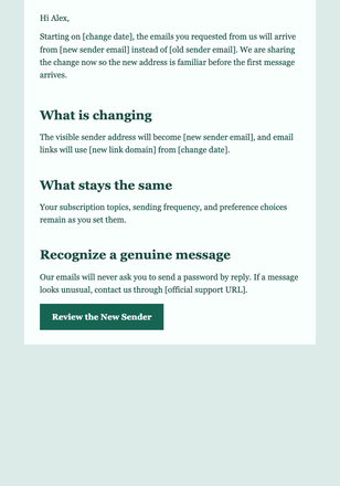 Sender Domain Change Notice email design preview