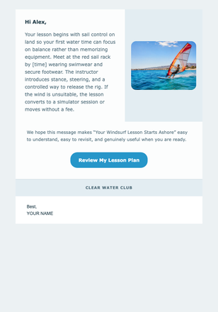 Your Windsurf Lesson Starts Ashore email design preview