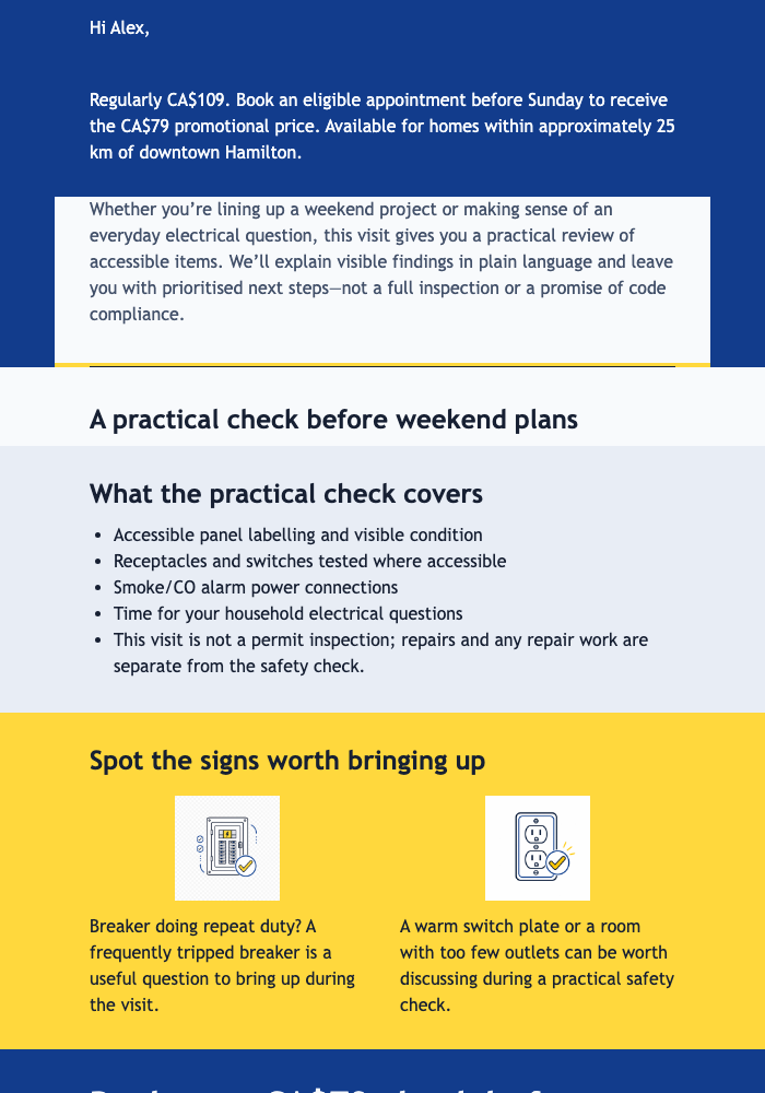 Hamilton Electrical Check Offer email design preview