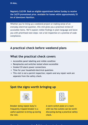 Hamilton Electrical Check Offer email design preview