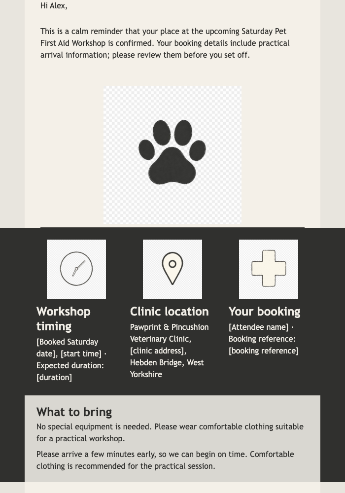 Pet First Aid Workshop Reminder email design preview