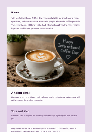 Share Coffee, Share a Conversation email design preview