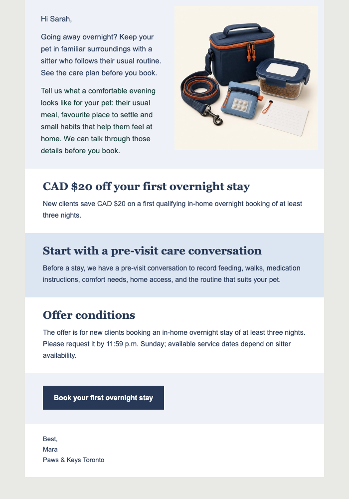 First Overnight Care Offer email design preview