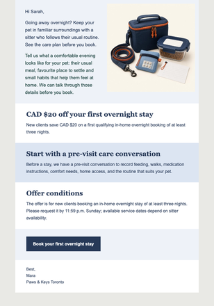First Overnight Care Offer email design preview