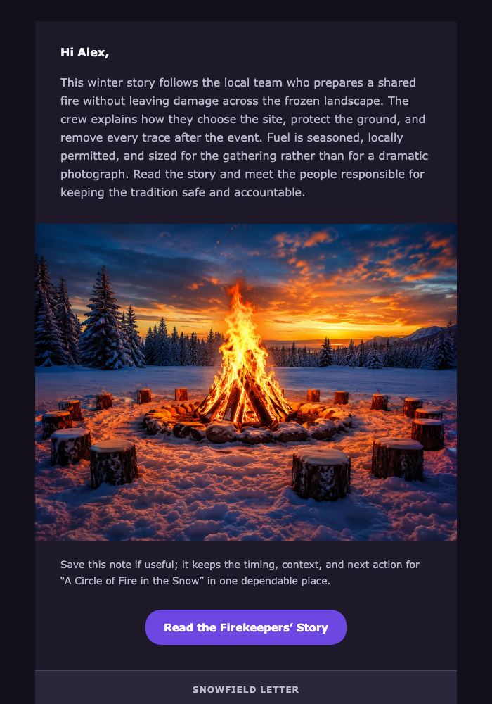 A Circle of Fire in the Snow email design preview
