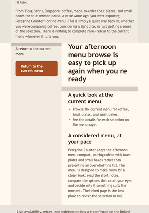Afternoon Menu Return email design preview