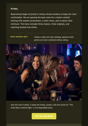 The Small-Room Cocktail Night email design preview