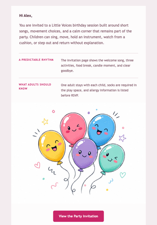 Your Little Voices Party email design preview