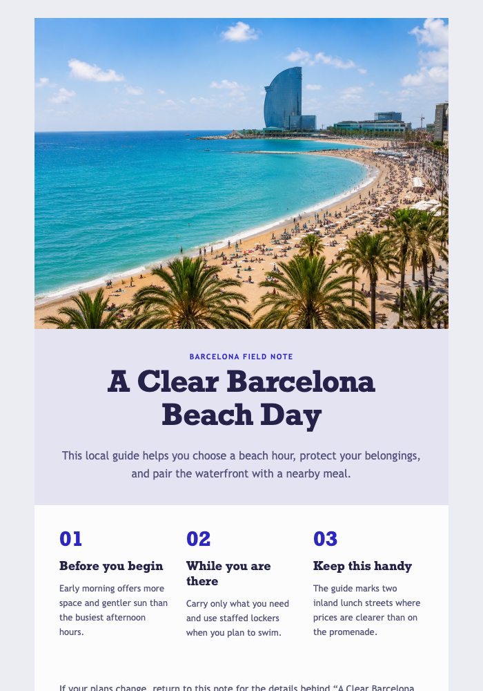 A Clear Barcelona Beach Day email design preview