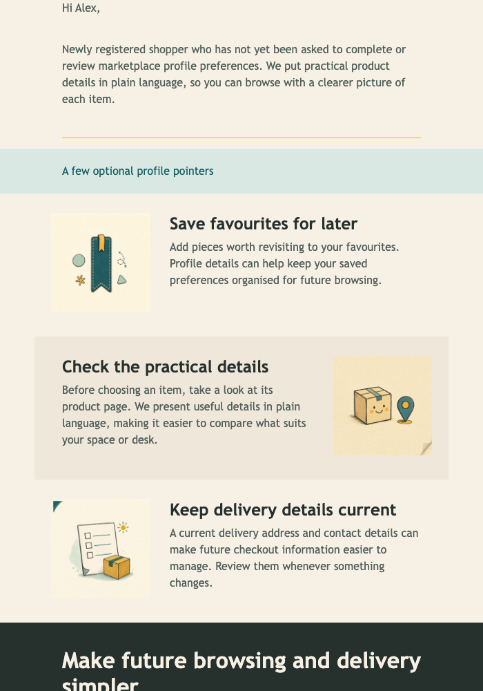 New Shopper Profile Welcome email design preview