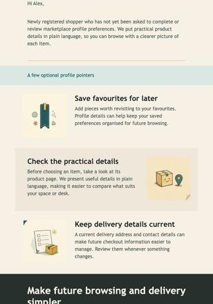New Shopper Profile Welcome email design preview