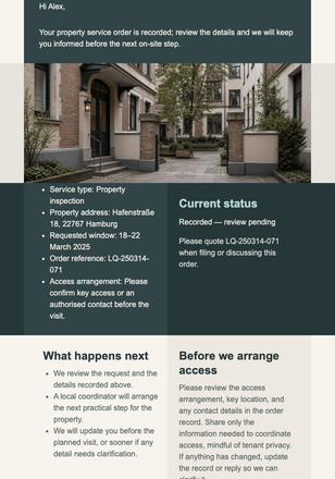 Property Service Order Confirmed email design preview
