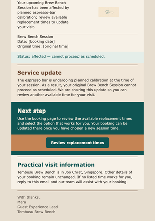 Brew Session Service Update email design preview