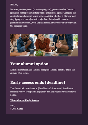 Alumni Next Cohort Early Access email design preview