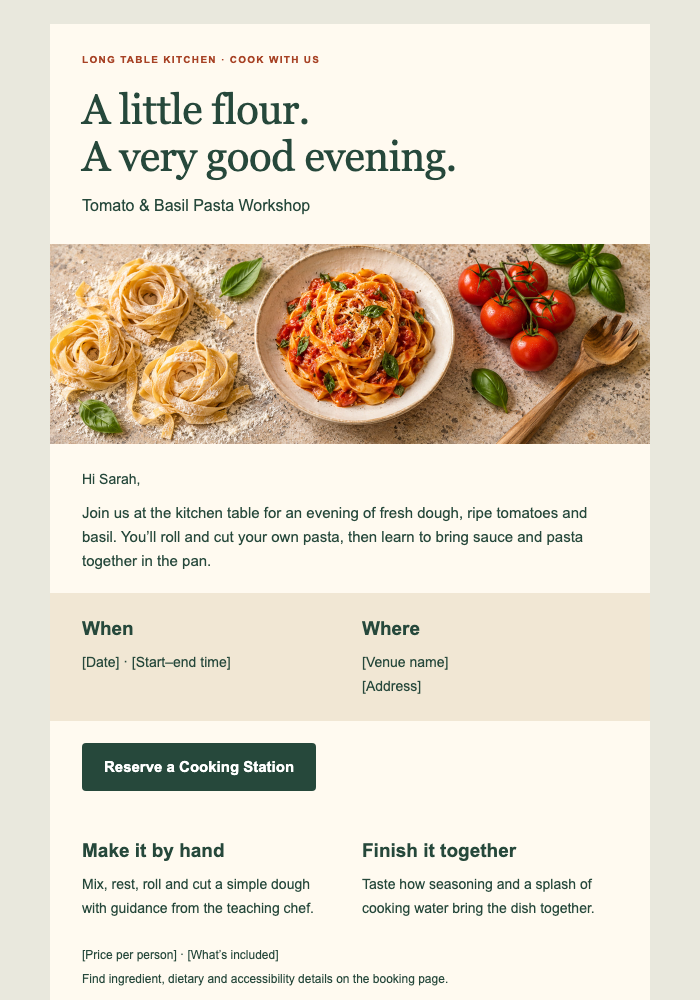 Tomato & Basil Pasta Workshop email design preview