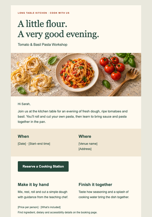 Tomato & Basil Pasta Workshop email design preview