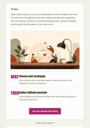 The Open Letter Community Invitation email design preview