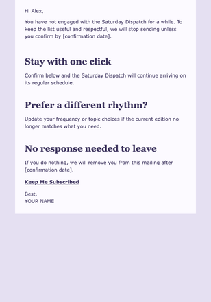Sunset Stay or Removal email design preview