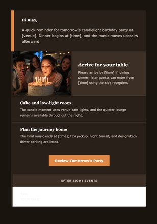 Your Candlelight Party Reminder email design preview