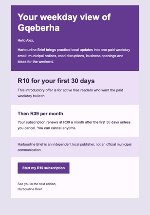 Gqeberha Bulletin Intro Offer email design preview