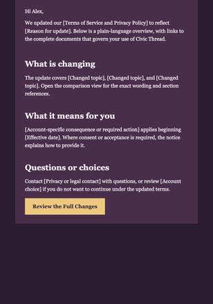Terms and Privacy Policy Change Notice email design preview
