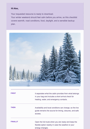 A Winter Cabin Weekend Checklist email design preview