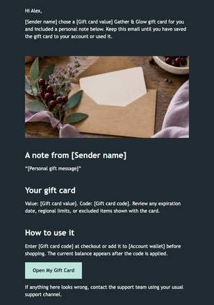 Gift Card Delivery to the Recipient email design preview