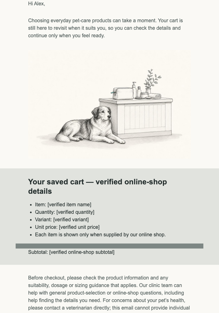 Pet Care Cart Check-In email design preview