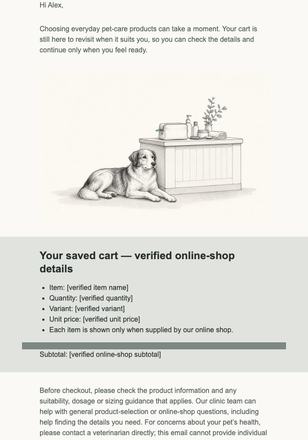 Pet Care Cart Check-In email design preview