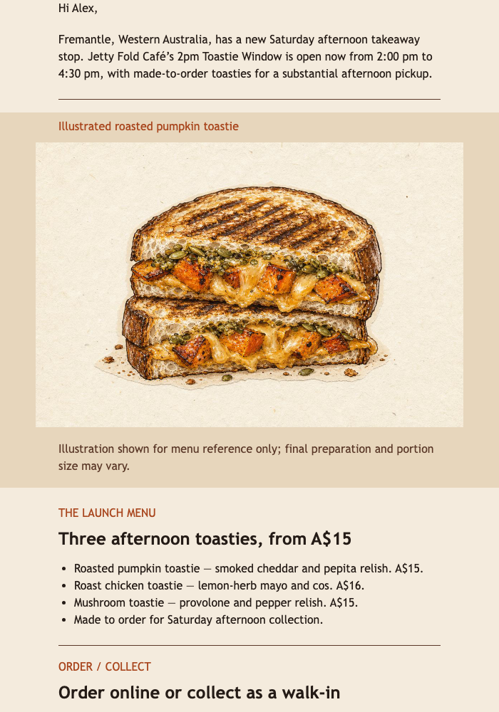 Saturday Toastie Window Launch email design preview