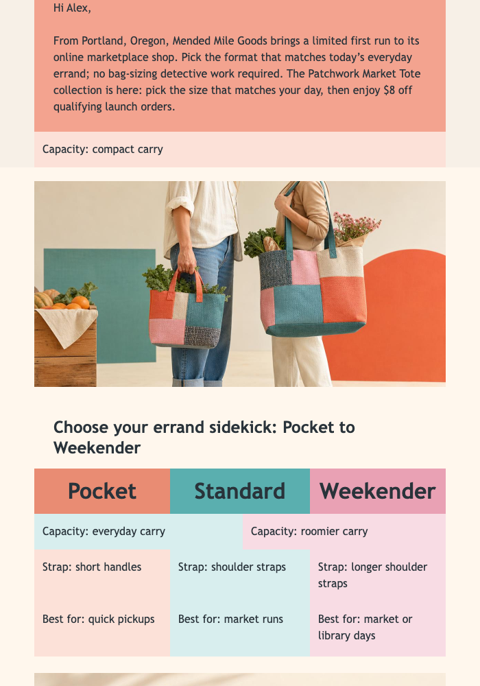 Patchwork Tote Launch email design preview