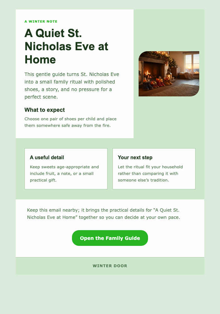 A Quiet St. Nicholas Eve at Home email design preview