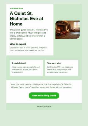 A Quiet St. Nicholas Eve at Home email design preview