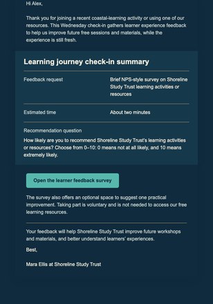 Coastal Learning NPS Check-In email design preview