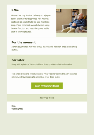 Your Recliner Comfort Check email design preview