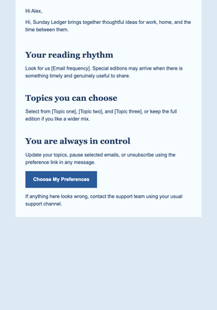 What To Expect, Frequency, Topics And Preferences email design preview