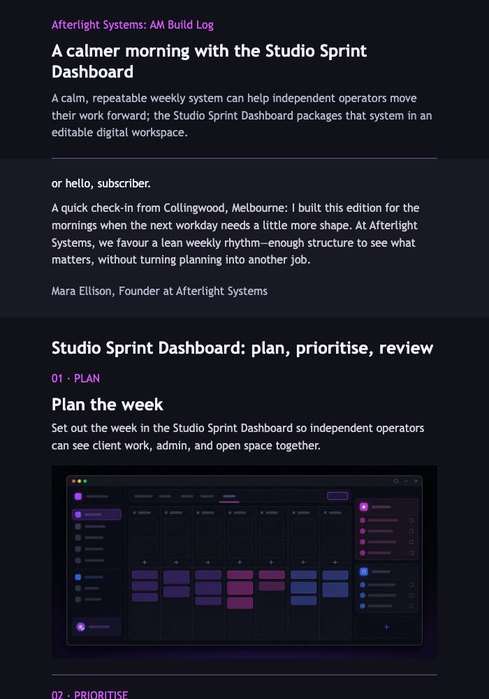 Neon Morning Build Log email design preview