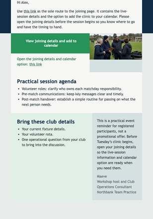 Matchday Clinic Reminder email design preview